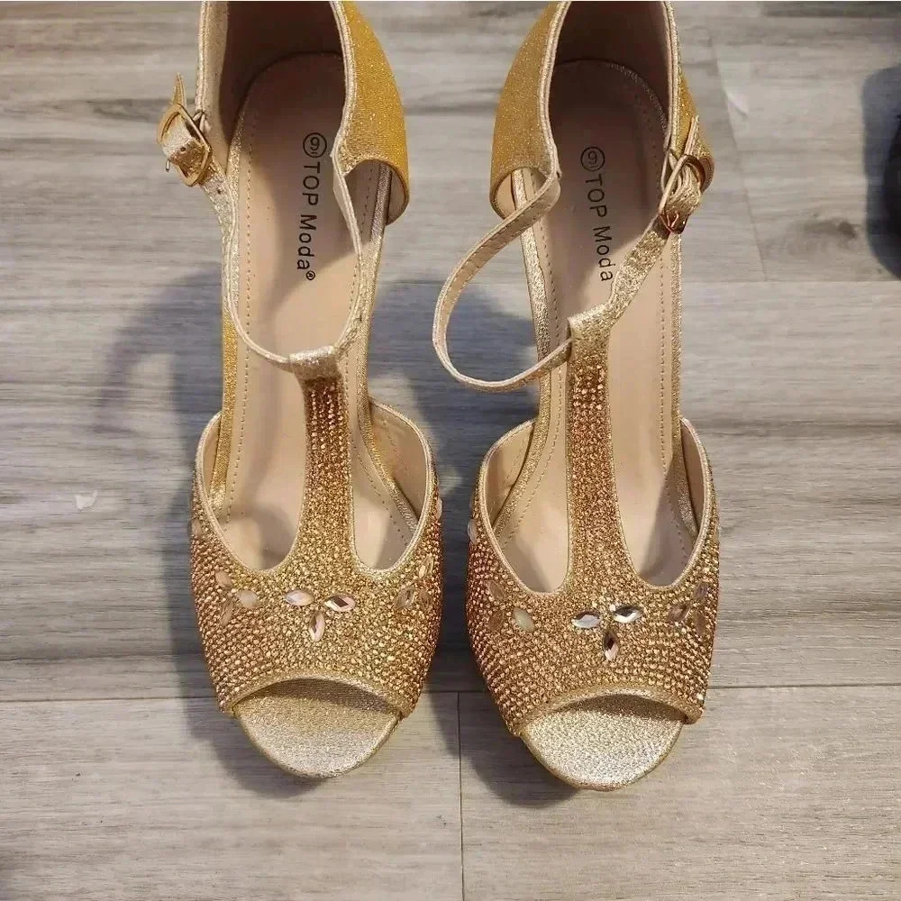 Gold Rhinestone Heels‎ by Top Moda Size 9